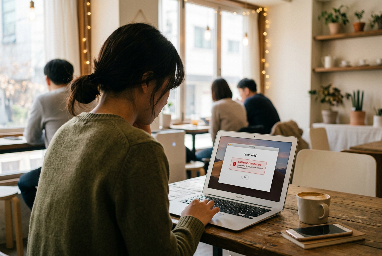 카페에서 VPN 앱을 선택하며 고민하는 모습