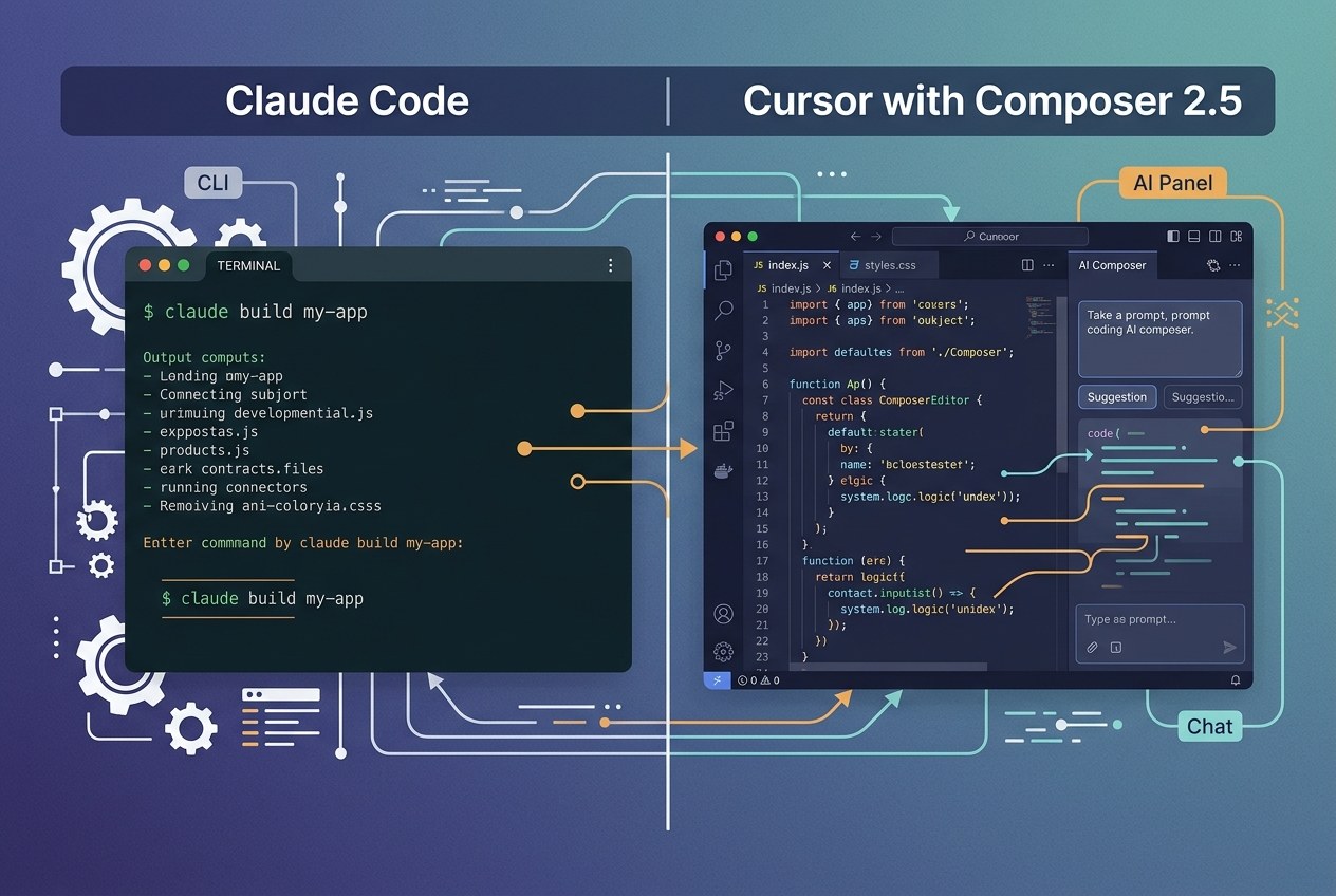 클로드 코드와 Cursor Composer 2.5 비교 컨셉 일러스트