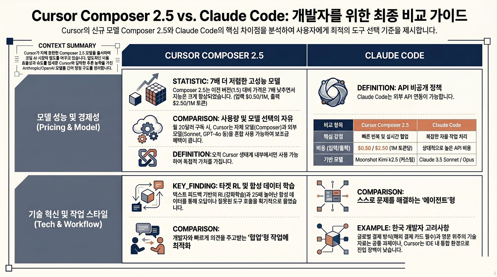 클로드 코드 vs Cursor Composer 2.5 핵심 비교 인포그래픽
