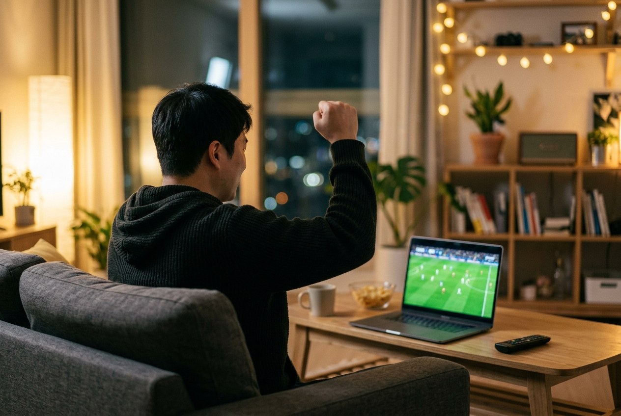해외에서 노트북으로 축구 경기를 생중계로 보는 모습