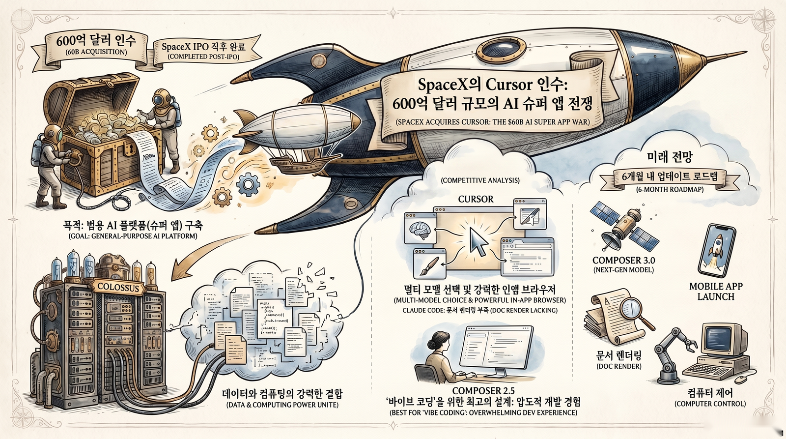 SpaceX의 Cursor 인수 배경과 향후 전망을 정리한 인포그래픽