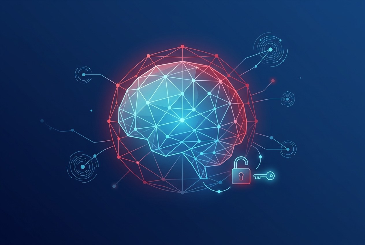 오픈 노드로 연결된 네트워크 두뇌 옆에 열린 자물쇠와 열쇠가 놓인 오픈웨이트 AI 콘셉트 이미지