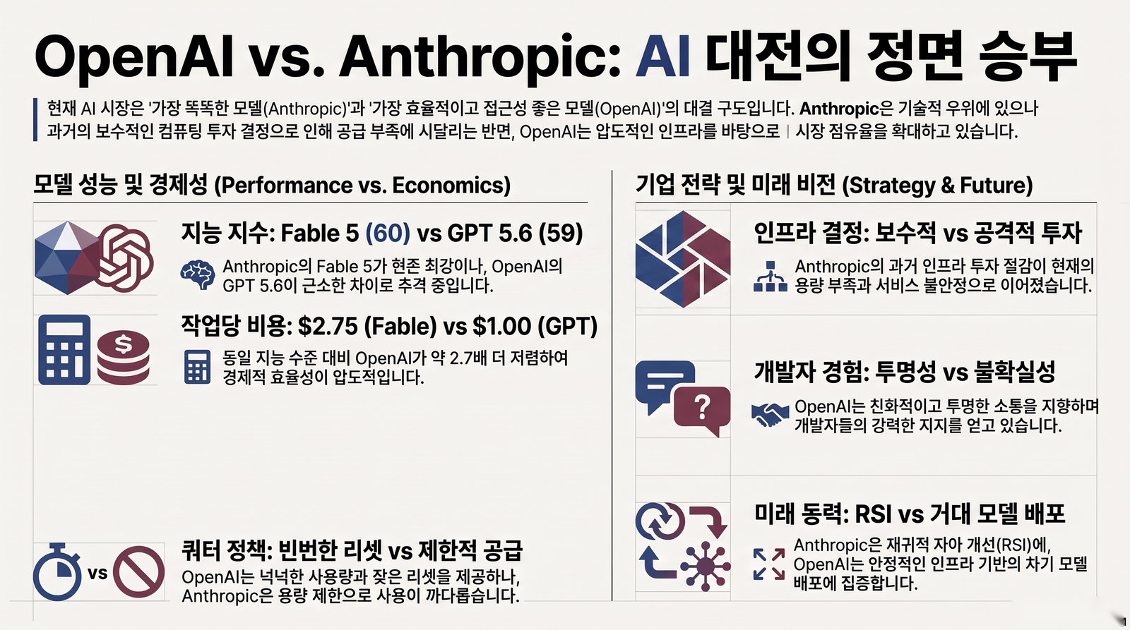 OpenAI와 Anthropic의 지능 지수 60 대 59, 작업당 비용 2.75달러 대 1달러, 인프라 전략을 비교한 인포그래픽
